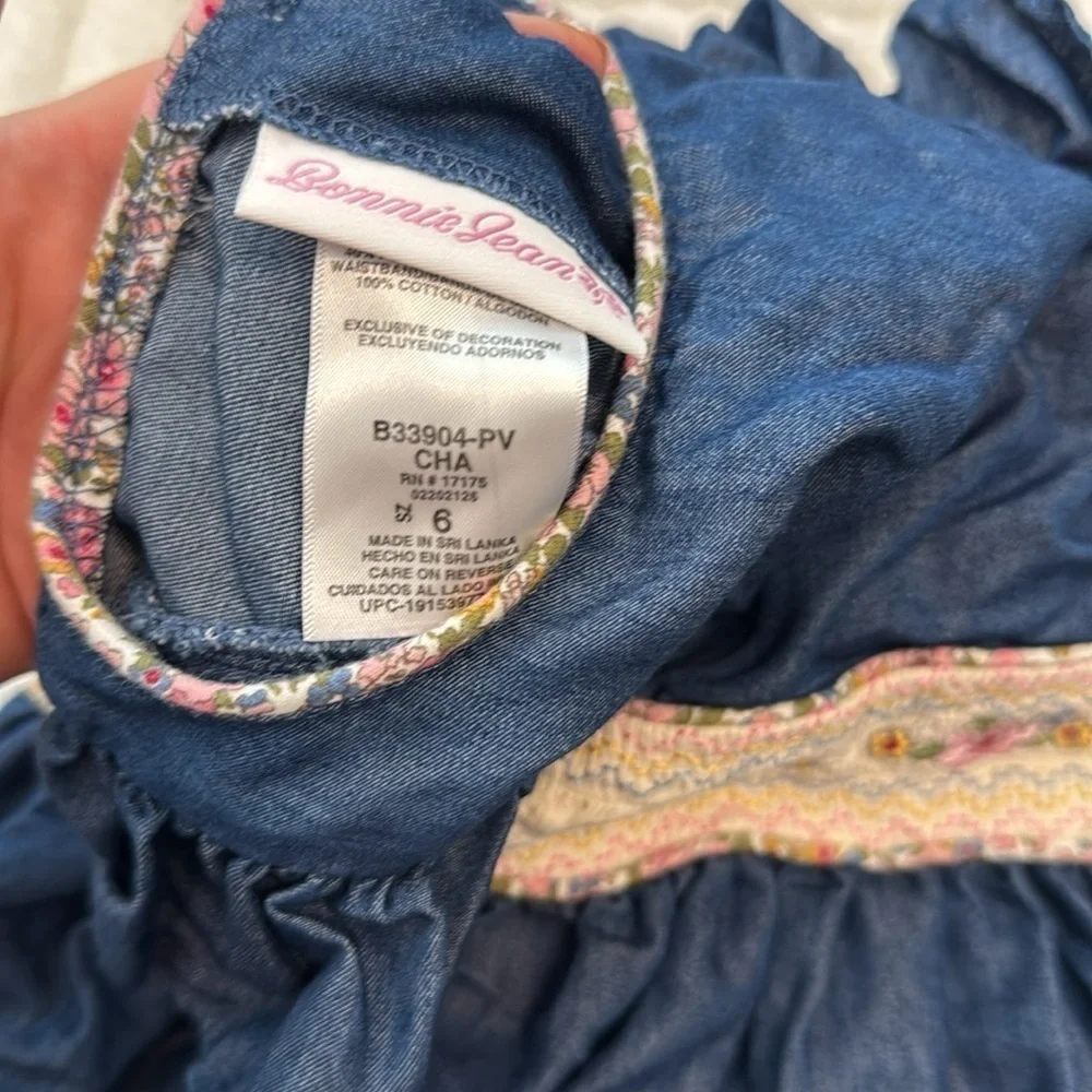 Bonnie Jean Chambray Smocked Waist Ruffle Flower Embroidered Dress